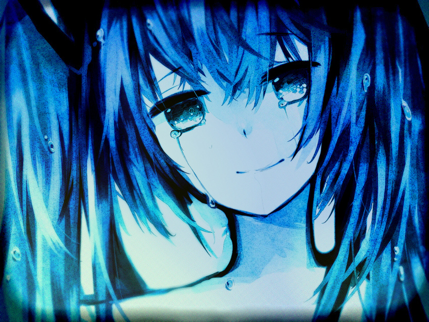 1girl backlighting bangs blue_eyes blue_hair blue_theme crying crying_with_eyes_open hatsune_miku head_tilt ikari_(aor3507) light_smile long_hair looking_at_viewer monochrome painting_(medium) portrait sad_smile solo tears traditional_media twintails vocaloid watercolor_(medium) wet wet_hair
