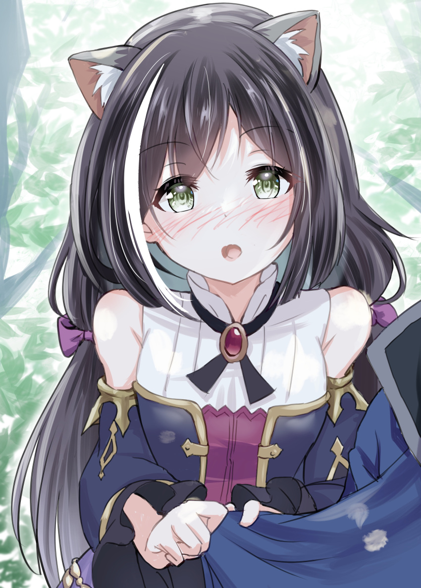 1girl absurdres animal_ear_fluff animal_ears bangs bare_shoulders black_ribbon blush bodice breasts brooch cat_ears cat_girl clothes_tug commentary_request detached_sleeves green_eyes highres jewelry karyl_(princess_connect!) long_hair long_sleeves looking_at_viewer multicolored_hair nose_blush open_mouth outdoors pov princess_connect! red_brooch ribbon shirt sidelocks streaked_hair tree twintails very_long_hair white_hair white_shirt yoru_(user_vewa8437)