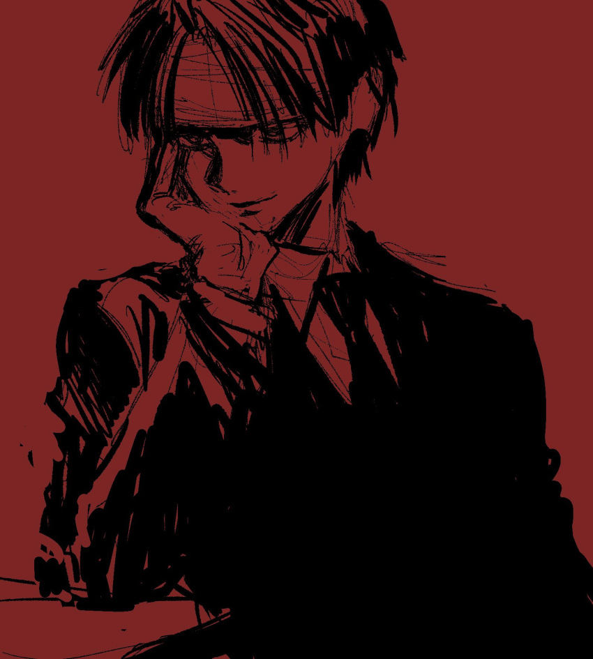 1boy bandaged_head bandages chrollo_lucilfer closed_mouth formal head_rest highres hunter_x_hunter maki_keigo male_focus monochrome necktie red_background red_theme simple_background sketch smile solo suit upper_body