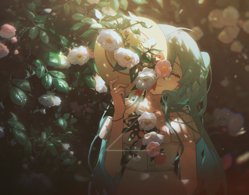 1girl aqua_hair bangs blurry blurry_background blush closed_eyes closed_mouth collarbone covering_face dress field flower flower_field foliage glowing hat hatsune_miku highres holding holding_clothes holding_hat konya_karasue leaf light light_particles long_hair night off-shoulder_dress off_shoulder outdoors pink_flower sidelocks smile solo standing sun_hat vocaloid white_dress white_flower