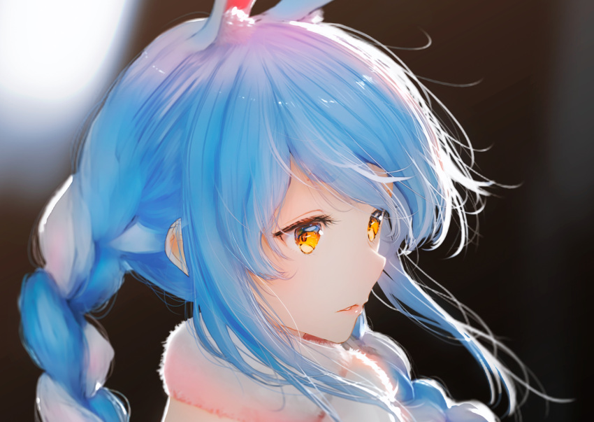 1girl animal_ears bangs blue_hair braid braided_ponytail dark_room fur_coat glowing highres hololive light light_blush looking_to_the_side ojay_tkym open_mouth portrait rabbit_ears solo swept_bangs usada_pekora yellow_eyes