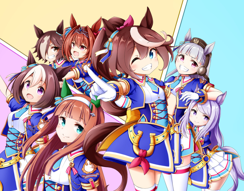 6+girls :d animal_ears arm_on_head bangs blue_eyes blue_jacket breasts brown_eyes brown_hair brown_headwear closed_mouth commentary_request cropped_jacket daiwa_scarlet_(umamusume) ear_covers gloves gold_ship_(umamusume) grey_hair grin hair_between_eyes hair_intakes hair_over_one_eye hat highres horse_ears horse_girl horse_tail jacket kuena long_hair mejiro_mcqueen_(umamusume) mini_hat multicolored_hair multiple_girls open_clothes open_jacket outstretched_arm pleated_skirt pointing pointing_at_viewer ponytail puffy_short_sleeves puffy_sleeves purple_hair shirt short_sleeves silence_suzuka_(umamusume) skirt small_breasts smile special_week_(umamusume) streaked_hair tail thigh-highs tiara tokai_teio_(umamusume) twintails umamusume very_long_hair violet_eyes vodka_(umamusume) white_gloves white_hair white_shirt white_skirt white_thighhighs