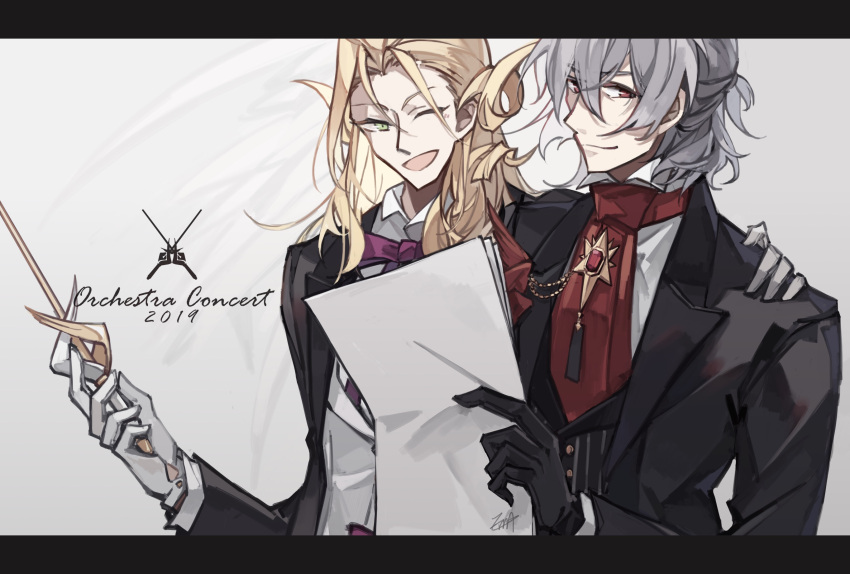 2019 2boys antonio_salieri_(fate) antonio_salieri_(fgo_orchestra)_(fate) antonio_salieri_(second_ascension)_(fate) ascot baton_(conducting) black_gloves blonde_hair brooch curly_hair erm_(doubledream) fate/grand_order fate_(series) formal gloves green_eyes grey_hair hair_between_eyes half_updo hand_on_another's_shoulder highres holding holding_paper jewelry letterboxed long_hair long_sleeves looking_at_viewer male_focus multiple_boys one_eye_closed paper pinstripe_pattern pinstripe_vest red_ascot red_eyes smile striped suit vest white_gloves wolfgang_amadeus_mozart_(fate) wolfgang_amadeus_mozart_(fgo_orchestra)_(fate)