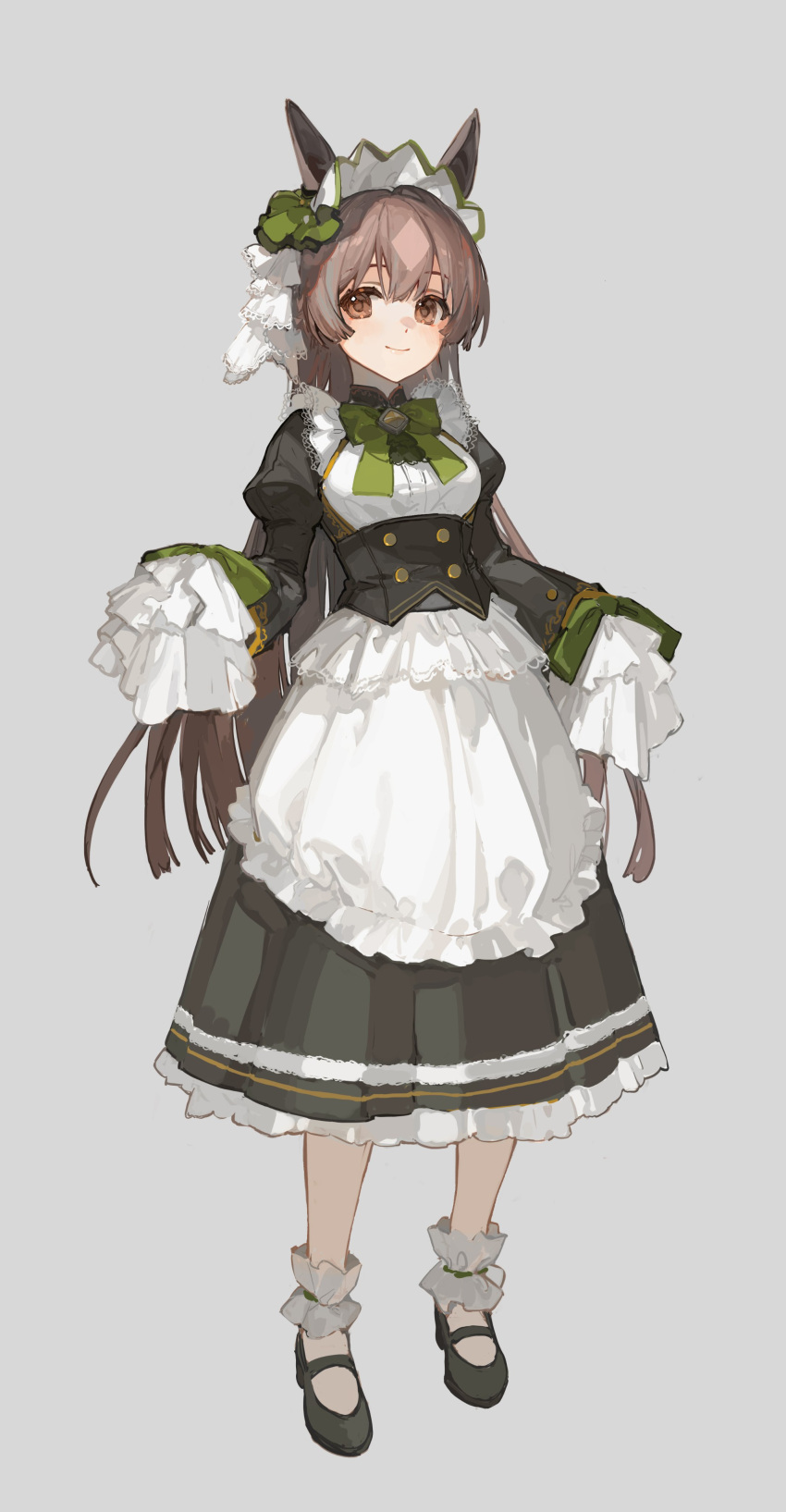 1girl absurdres alternate_costume animal_ears ankle_garter apron bangs black_footwear black_skirt bow bowtie breasts brown_eyes brown_hair ciloranko closed_mouth corset duplicate full_body green_bow green_bowtie grey_background highres horse_ears long_hair looking_at_viewer maid_headdress mary_janes medium_breasts pixel-perfect_duplicate satono_diamond_(umamusume) shirt shoes simple_background skirt sleeves_rolled_up smile socks solo umamusume waist_apron white_shirt white_socks
