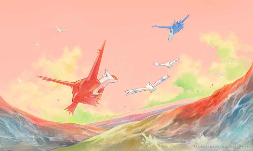 artist_name bird clouds commentary_request flying latias latios mei_ford no_humans ocean outdoors pokemon pokemon_(creature) sky water watermark wingull