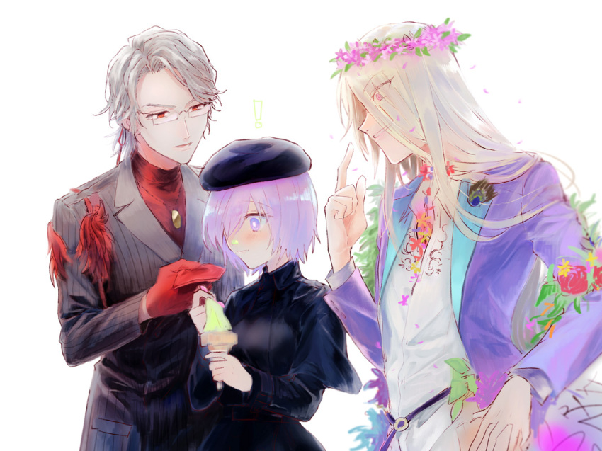 ! 1girl 2boys ane_am antonio_salieri_(fate) antonio_salieri_(second_ascension)_(fate) antonio_salieri_(traveling_outfit)_(fate) bangs belt beret blonde_hair blurry blurry_background blush bright_pupils capelet eyes_visible_through_hair fate/grand_order fate_(series) flower food formal glasses gloves hair_over_one_eye hand_on_hip hat head_wreath holding holding_food holding_spoon ice_cream ice_cream_cone jewelry light_purple_hair long_hair long_sleeves mash_kyrielight mash_kyrielight_(traveling_outfit) multiple_boys napkin necklace official_alternate_costume parted_lips pinstripe_pattern pinstripe_suit pointing pointing_at_self red_gloves short_hair simple_background smile soft_serve spoon striped suit turtleneck very_long_hair violet_eyes white_background white_pupils wolfgang_amadeus_mozart_(fate) wolfgang_amadeus_mozart_(traveling_outfit)_(fate)