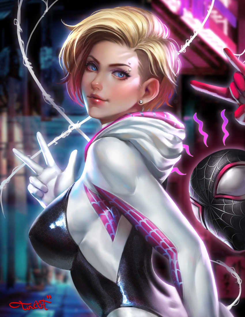 1girl artist_request blonde_hair blue_eyes bodysuit breasts gwen_stacy highres looking_at_viewer marvel mask medium_breasts miles_morales piercing short_hair silk skin_tight smile spider-gwen spider-man:_into_the_spider-verse spider-man_(miles_morales) spider-man_(series) spider_web spider_web_print superhero tdark135