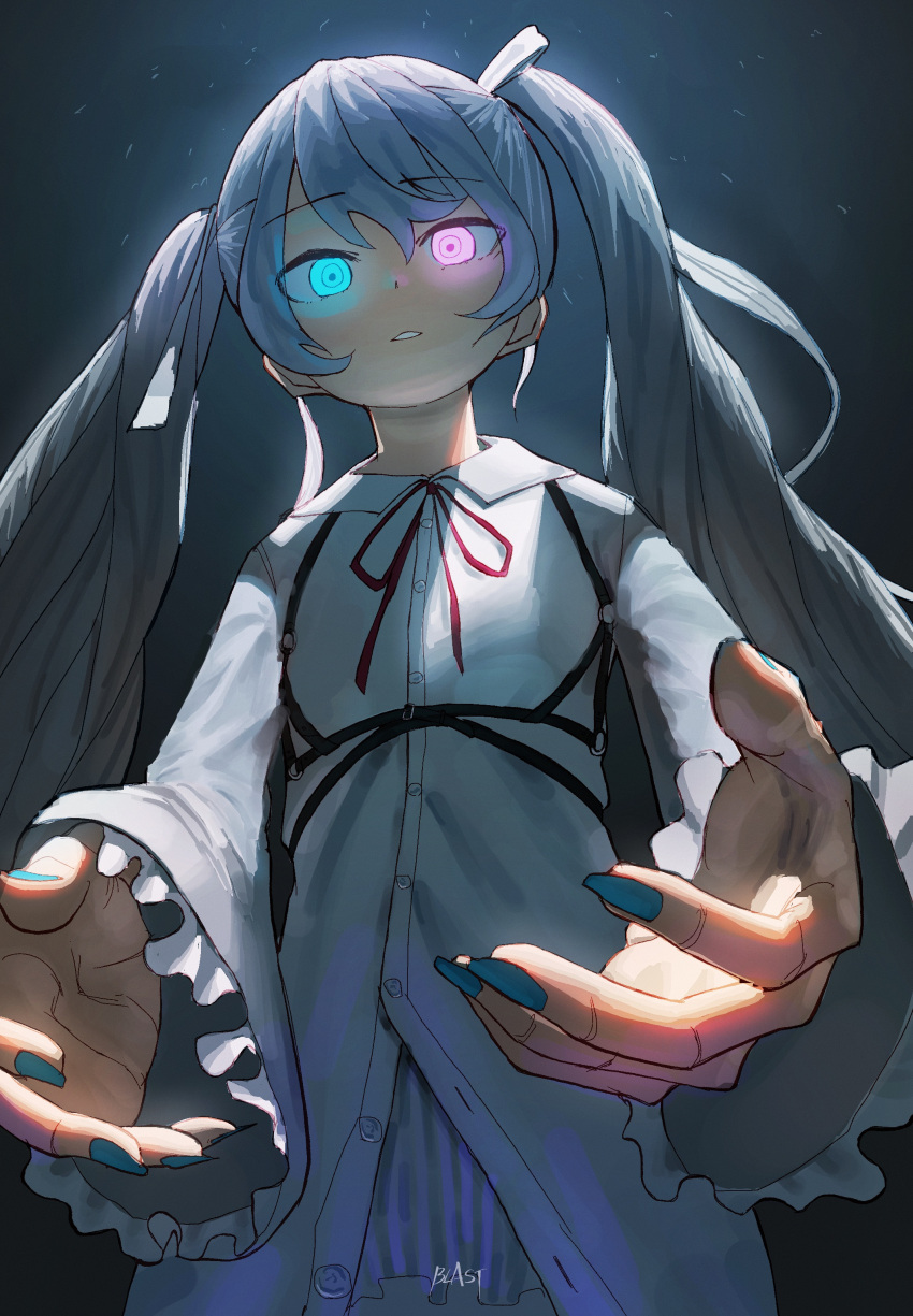 1girl 25-ji_night_code_de._(project_sekai) absurdres blast-7 blue_eyes blue_hair blue_nails buttons fingernails frilled_sleeves frills glowing glowing_eyes grey_ribbon hair_between_eyes hair_ribbon hatsune_miku highres long_fingernails long_hair o-ring parted_lips pink_eyes project_sekai red_ribbon ribbon signature solo striped twintails