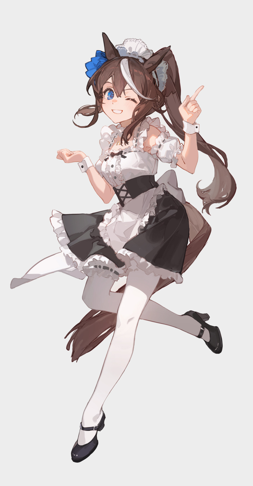 1girl ;d absurdres alternate_costume animal_ears apron arm_garter bangs black_footwear black_skirt blue_eyes breasts brown_hair center_frills ciloranko corset duplicate enmaided frills full_body grey_background grin high_heels highres horse_ears horse_girl horse_tail index_finger_raised long_hair maid maid_apron maid_headdress mary_janes multicolored_hair one_eye_closed pixel-perfect_duplicate ponytail shoes simple_background skirt small_breasts smile solo streaked_hair tail teeth thigh-highs tokai_teio_(umamusume) umamusume white_thighhighs wrist_cuffs