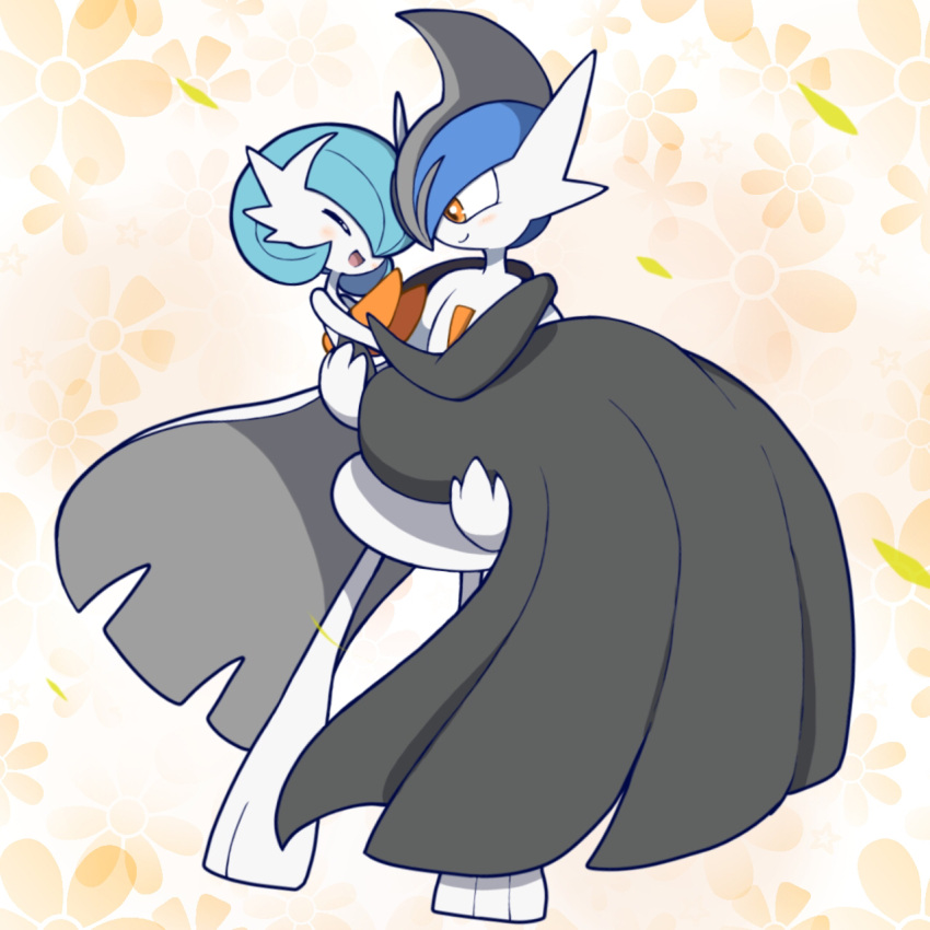 1boy 1girl =_= ^_^ alternate_color bangs bare_shoulders black_dress black_gloves black_hair blue_hair blush bob_cut cape carrying closed_eyes colored_skin commentary_request dress elbow_gloves flat_chest floral_background full_body gallade gardevoir gloves hair_over_one_eye hand_on_another's_shoulder happy highres hug looking_at_another mega_gallade mega_gardevoir mega_pokemon mohawk monya multicolored_hair one_eye_covered open_mouth orange_background orange_eyes pokemon pokemon_(creature) princess_carry shiny_pokemon short_hair smile standing strapless strapless_dress two-tone_hair white_cape white_skin