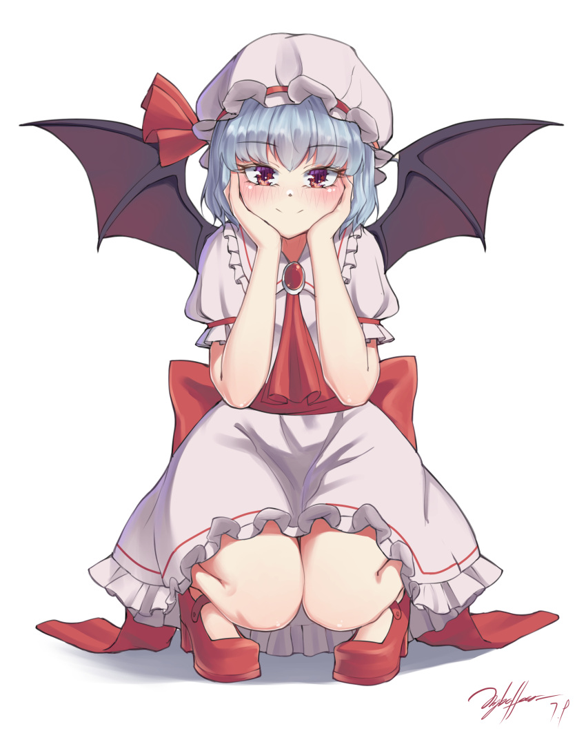 1girl absurdres ascot bat_wings blush brooch hand_on_own_face hands_on_own_cheeks hands_on_own_face hat hat_ribbon highres jewelry knees_together_feet_apart littiecy mob_cap puffy_sleeves red_footwear remilia_scarlet ribbon short_hair short_sleeves simple_background smile solo squatting touhou white_background wings