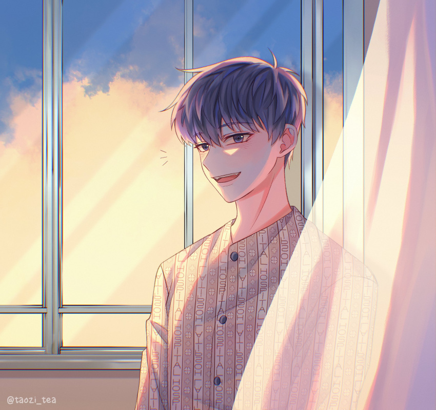 1boy buttons chromatic_aberration clouds commentary curtains day dok-ja_kim english_commentary highres hospital_gown indoors looking_at_viewer male_focus omniscient_reader's_viewpoint open_mouth purple_hair short_hair smile solo taozi_tea twitter_username upper_body window