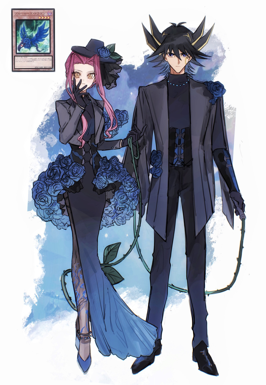1boy 1girl absurdres bangs black_dress black_footwear black_gloves black_headwear black_pants black_pantyhose blonde_hair blue_dress blue_eyes blue_flower blue_rose blue_rose_dragon brown_eyes dress facial_mark flower fudou_yuusei full_body gloves gradient_dress grey_jacket hair_between_eyes hair_intakes hat hat_flower highres holding holding_whip izayoi_aki jacket long_dress long_hair long_sleeves looking_at_viewer multicolored_hair naoki_(2rzmcaizerails6) open_clothes open_jacket pants pantyhose redhead rose short_hair_with_long_locks side_slit sidelocks sketch spiky_hair standing sweater turtleneck turtleneck_sweater two-tone_hair underbust white_background yu-gi-oh! yu-gi-oh!_5d's