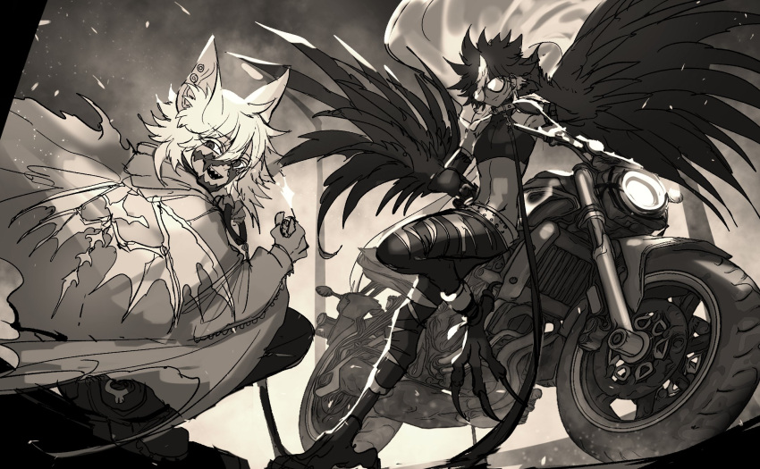 2boys animal_ear_fluff animal_ears animal_feet arm_up armlet bat_boy bat_ears bat_wings claws collar crop_top dark-skinned_male dark_skin feathered_wings full_body ground_vehicle hair_between_eyes hand_up harpy_boy highres holding holding_leash hood hood_down hooded_jacket jacket kneeling lamppost leaning_on_object leash looking_at_viewer male_focus midriff monochrome monster_boy motor_vehicle motorcycle multicolored_hair multiple_boys open_mouth original outdoors sa-dui sepia sharp_teeth shawl short_hair_with_long_locks sketch sleeveless smile streaked_hair sunglasses talons teeth torn_clothes torn_legwear turtleneck two-tone_hair winged_arms wings