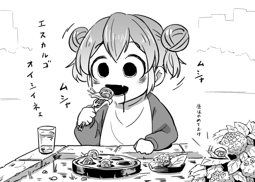 1girl 4shi bangs bib blood blood_on_face commentary_request dango-chan_(4shi) double_bun eating fang fork greyscale hair_between_eyes hair_bun highres holding holding_fork hollow_eyes long_sleeves monochrome open_mouth original short_hair snail solo translation_request younger