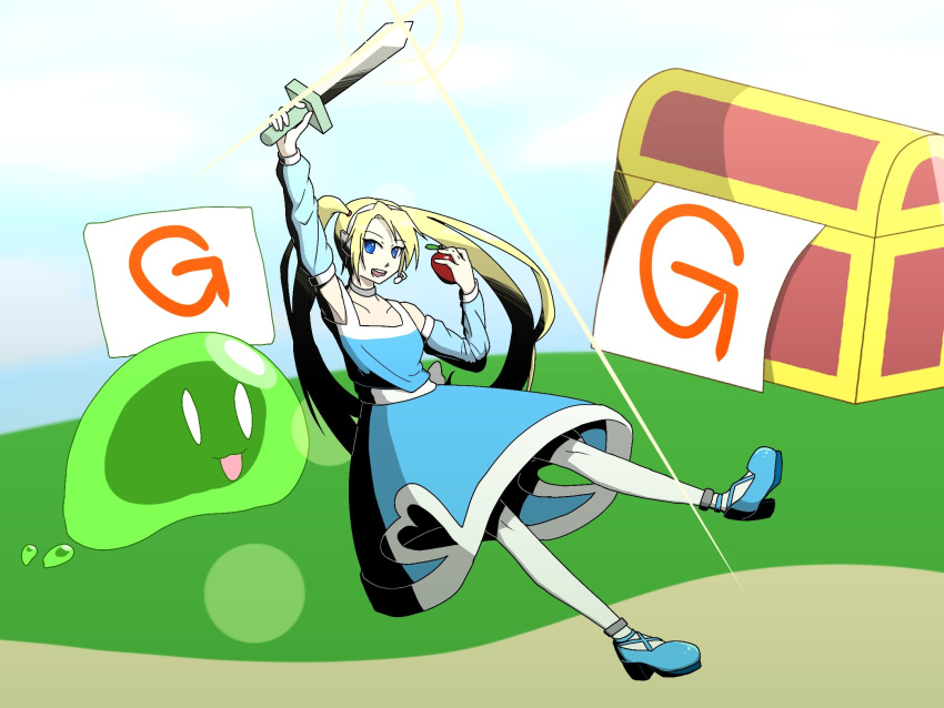 1girl blonde_hair blue_dress blue_eyes blue_footwear clothing_cutout dress food fruit headphones headset heart_cutout highres holding holding_food holding_fruit holding_sword holding_weapon hood_cap looking_at_viewer open_mouth rta-chan rta_in_japan sleeveless sleeveless_dress slime_(creature) smile solo sword thigh-highs twintails weapon white_thighhighs