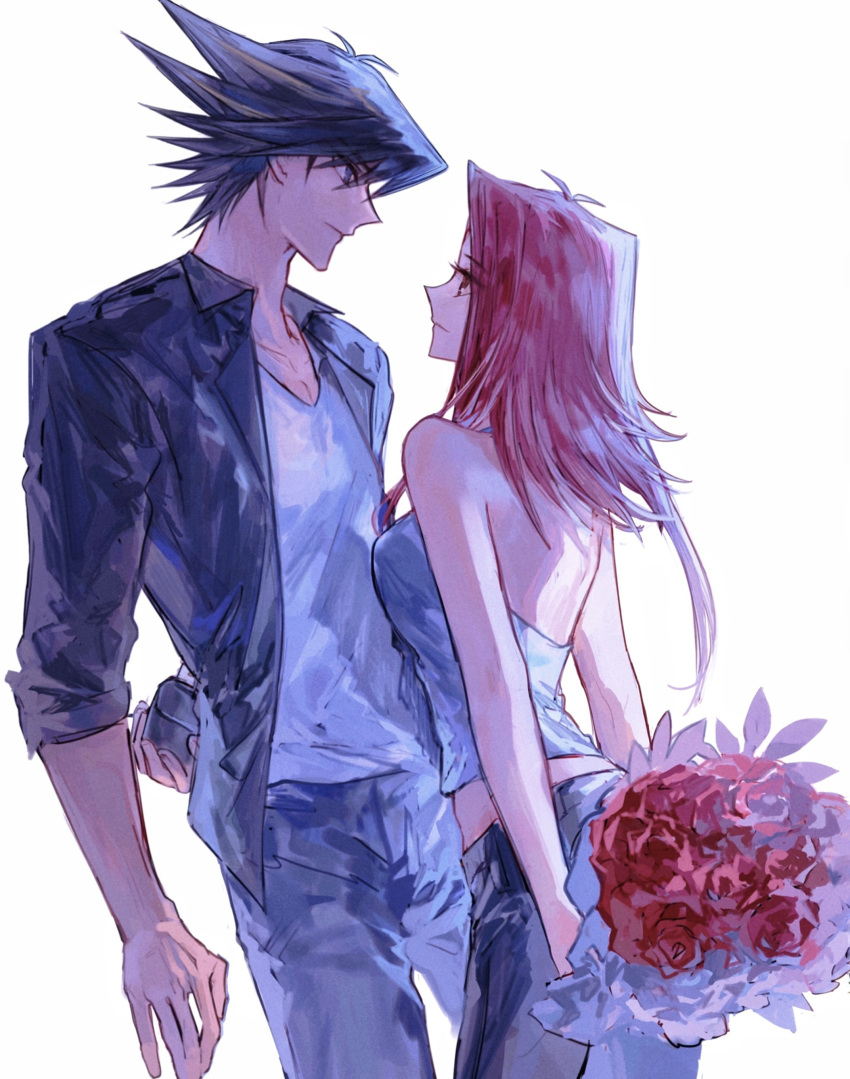 1boy 1girl absurdres arms_behind_back bare_arms black_hair black_jacket blonde_hair blue_eyes blue_shirt bouquet brown_eyes closed_mouth collarbone couple eye_contact floating_hair flower fudou_yuusei grey_pants grey_shirt hetero highres holding holding_bouquet izayoi_aki jacket leaning_back leaning_forward long_hair looking_at_another multicolored_hair naoki_(2rzmcaizerails6) open_clothes open_jacket pants red_flower red_rose redhead rose shiny shiny_hair shirt simple_background sleeveless sleeveless_shirt spiky_hair two-tone_hair white_background yu-gi-oh! yu-gi-oh!_5d's