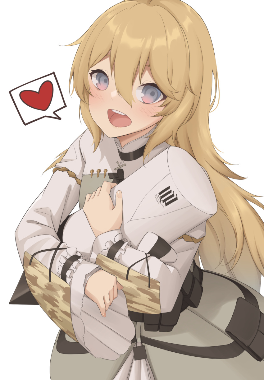 1girl act_(xadachit) bangs blonde_hair blush commission dress girls_frontline grey_eyes hat heart highres holding holding_clothes holding_hat kolibri_(girls'_frontline) long_hair long_sleeves looking_at_viewer multicolored_eyes open_mouth smile solo teeth upper_body upper_teeth white_background white_dress white_headwear
