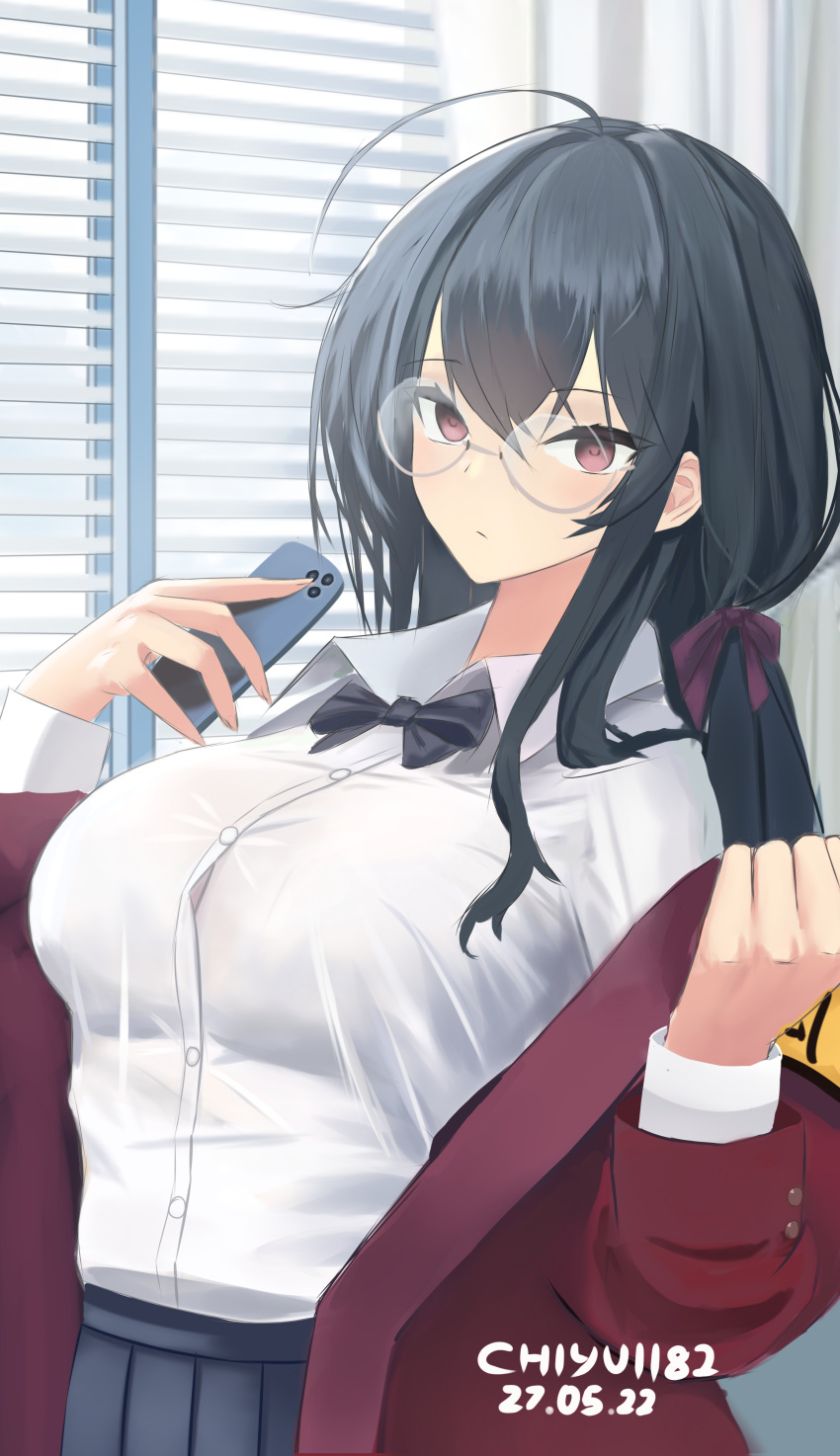 1girl absurdres artist_name azur_lane black_bow black_bowtie black_hair black_skirt bow bowtie breasts cellphone chiyu1182 collared_shirt dated glasses hair_ribbon highres holding holding_phone indoors jacket large_breasts long_hair looking_at_viewer miniskirt official_alternate_costume open_clothes open_jacket phone pleated_skirt red_eyes red_jacket ribbon shirt skirt smartphone solo taihou_(azur_lane) taihou_(sweet_time_after_school)_(azur_lane) uniform white_shirt