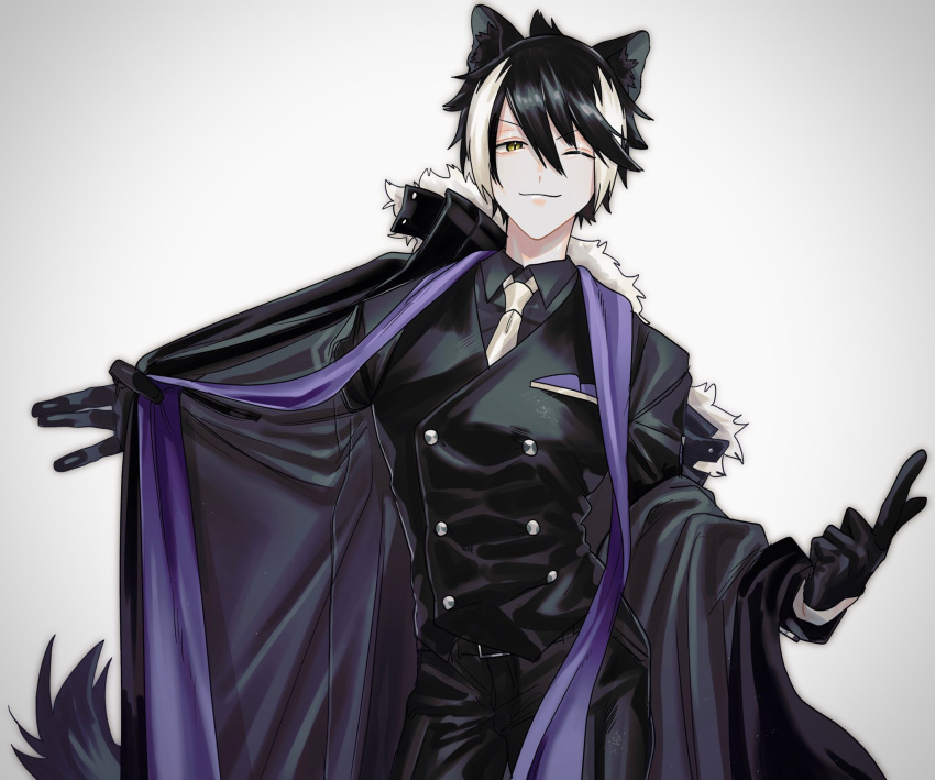 1boy ;3 animal_ears bangs belt belt_buckle black_belt black_coat black_gloves black_hair black_pants black_shirt black_vest buckle buttons coat collared_shirt contrapposto cowboy_shot double-breasted fur-trimmed_coat fur_trim gloves hair_between_eyes half_gloves highres holostars index_finger_raised jackal_boy jackal_ears jackal_tail kageyama_shien looking_at_viewer male_focus momiage_40 multicolored_hair necktie off_shoulder one_eye_closed open_clothes open_coat pants pocket_square removing_coat shirt short_hair simple_background solo stole straight-on swept_bangs tail two-tone_hair vest virtual_youtuber white_background white_hair white_necktie yellow_eyes