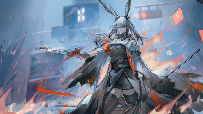1girl absurdres animal_ears arknights black_gloves black_skirt black_thighhighs coat cowboy_shot ear_ornament fire frostnova_(arknights) gloves grey_coat grey_eyes grey_hair grey_sky hair_over_one_eye hand_up highres holding holding_knife holding_weapon knife long_hair looking_at_viewer neriash orange_ribbon originium_(arknights) outdoors rabbit_ears rabbit_girl reunion_logo_(arknights) ribbon skirt solo thigh-highs traffic_light weapon