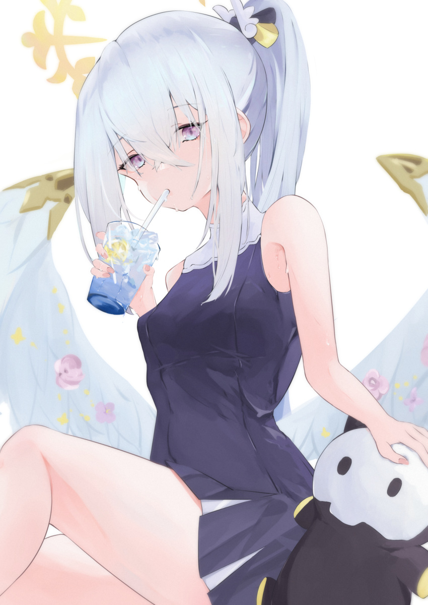1girl ahoge alternate_costume artist_request azusa_(blue_archive) bangs blue_archive cocktail cocktail_glass cowboy_shot cup drinking drinking_glass flower hair_flower hair_ornament halo highres long_hair purple_flower stuffed_toy swimsuit very_long_hair violet_eyes