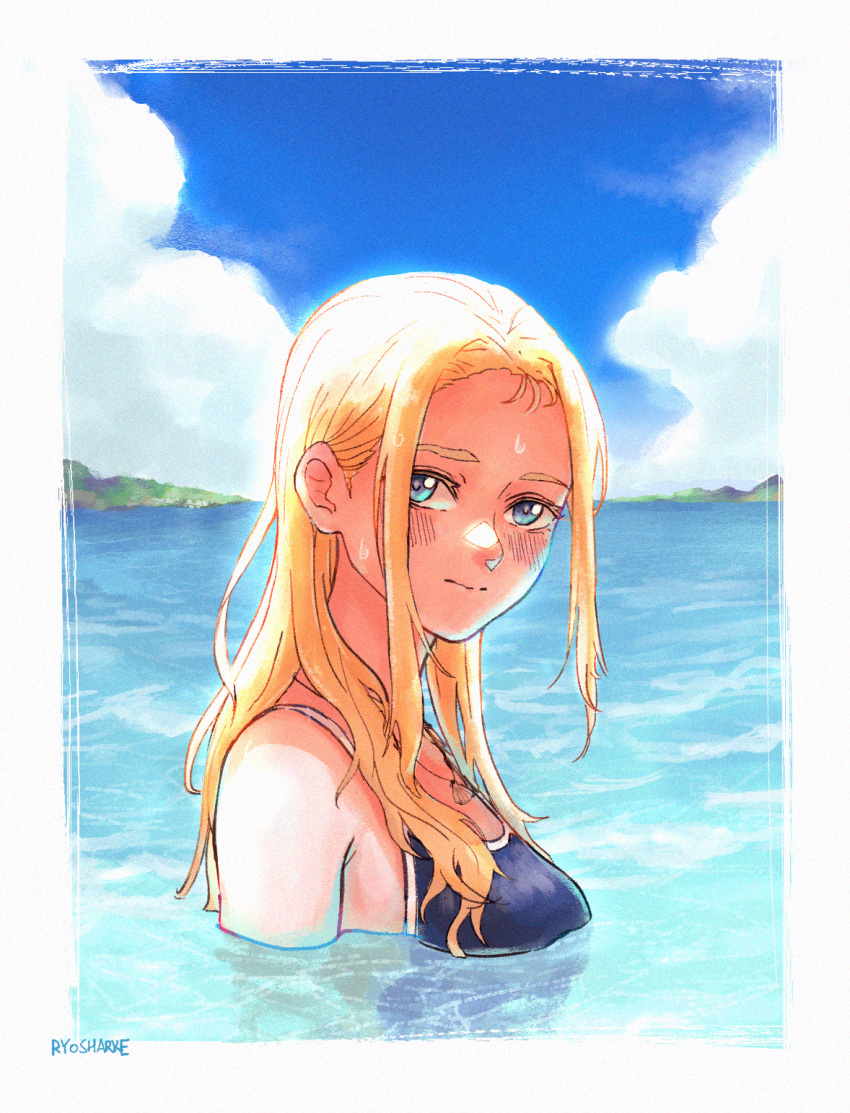 1girl bare_shoulders blonde_hair blue_eyes blue_one-piece_swimsuit blush closed_mouth clouds commentary competition_swimsuit day english_commentary highres jewelry kofune_ushio long_hair looking_at_viewer necklace one-piece_swimsuit outdoors partially_submerged ryosharke seashell shell shell_necklace signature solo summertime_render swimsuit upper_body water