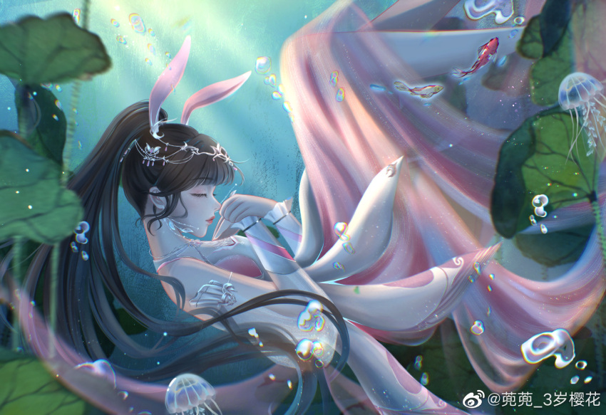 1girl animal_ears brown_hair bubble closed_eyes closed_mouth doudou_3_sui_yinghua douluo_dalu dress earrings fish from_side jellyfish jewelry light lily_pad long_hair pink_dress ponytail rabbit_ears sinking solo underwater xiao_wu_(douluo_dalu)