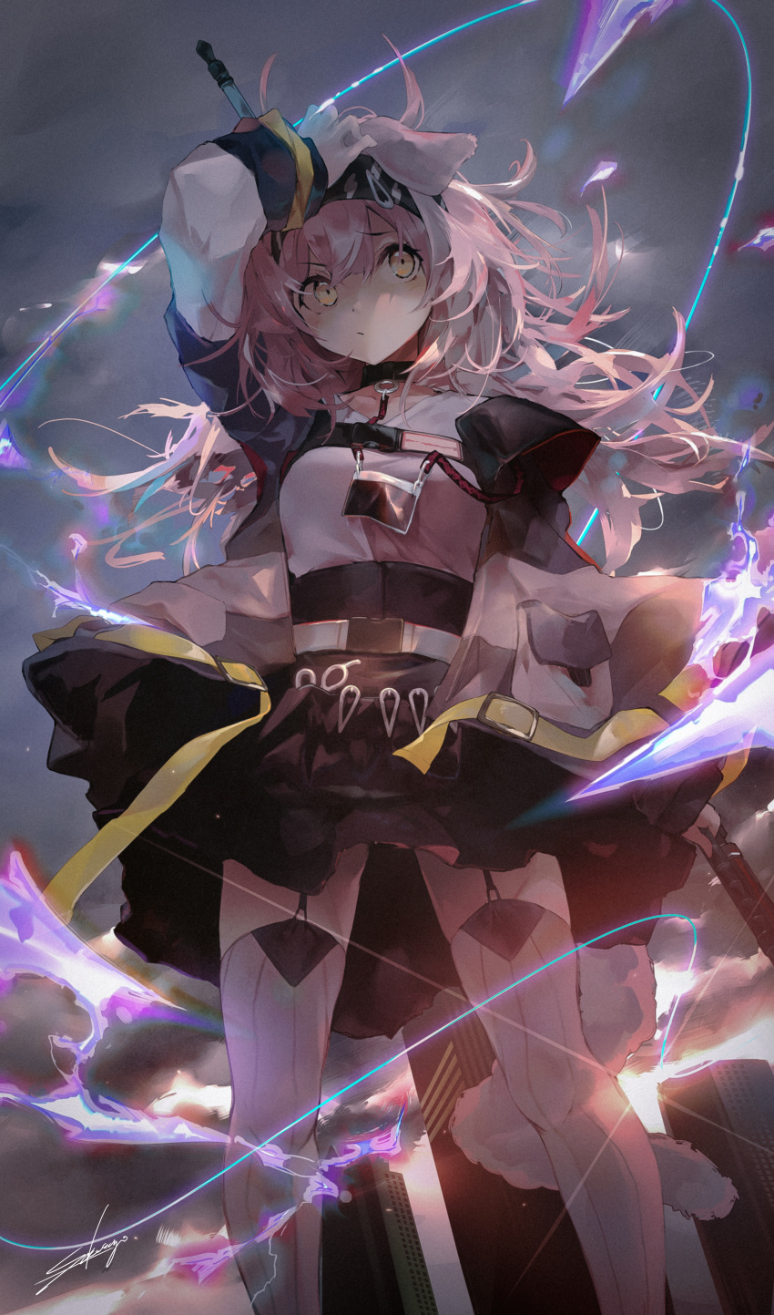 1girl absurdres animal_ears arknights bangs black_hairband black_skirt cat_ears electricity feet_out_of_frame garter_straps goldenglow_(arknights) hairband highres jacket long_hair miniskirt open_clothes open_jacket originium_arts_(arknights) pink_hair sakusyo skirt solo standing thigh-highs yellow_eyes zettai_ryouiki