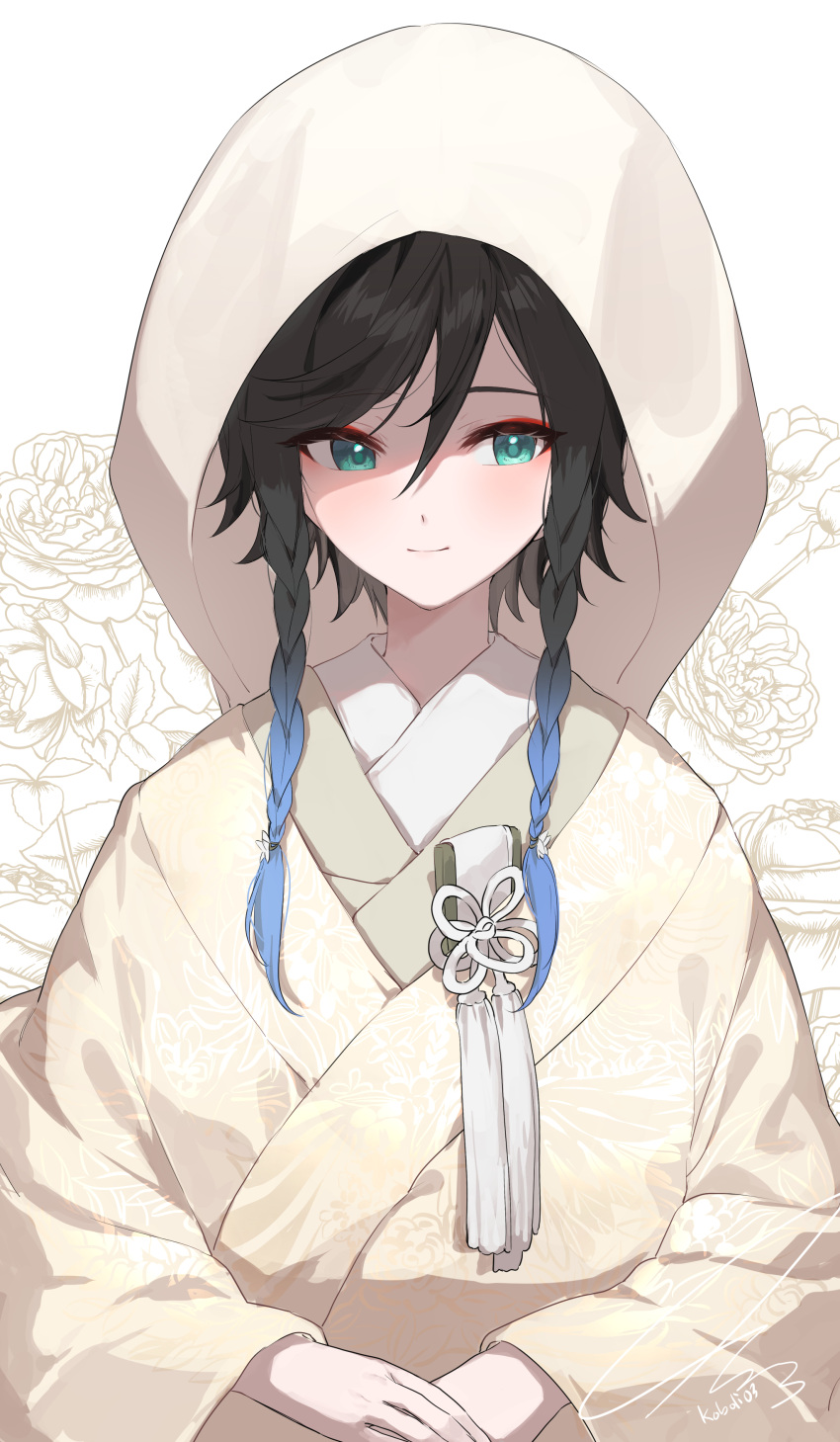 1boy absurdres androgynous aqua_eyes artist_name bangs bishounen black_hair blue_hair braid closed_mouth commentary eyelashes eyeshadow flower flower_knot genshin_impact gradient_hair green_kimono hair_between_eyes highres hood hood_up japanese_clothes kimono kkopoli layered_clothes layered_kimono long_sleeves looking_at_viewer makeup male_focus medium_hair multicolored_hair own_hands_together red_eyeshadow rose short_hair short_hair_with_long_locks side_braids sidelocks signature smile solo swept_bangs symbol-only_commentary tassel twin_braids uchikake upper_body venti_(genshin_impact) wataboushi white_background white_kimono wide_sleeves