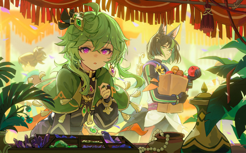1girl 2boys absurdres ahoge animal_ear_fluff animal_ears apple bangs black_gloves black_hair blunt_ends bridal_gauntlets brown_scarf capelet chinese_commentary collei_(genshin_impact) commentary_request crossed_bangs ear_piercing flower food fox_ears fox_tail fruit genshin_impact gloves green_capelet green_eyes green_hair hair_ornament highres hood hoodie jewelry long_hair long_sleeves looking_at_viewer market market_stall multicolored_hair multiple_boys necklace open_mouth piercing ponytail puffy_sleeves scarf standing streaked_hair tail tassel tighnari_(genshin_impact) vase violet_eyes vision_(genshin_impact) xiang_wan_wei_wan yellow_flower