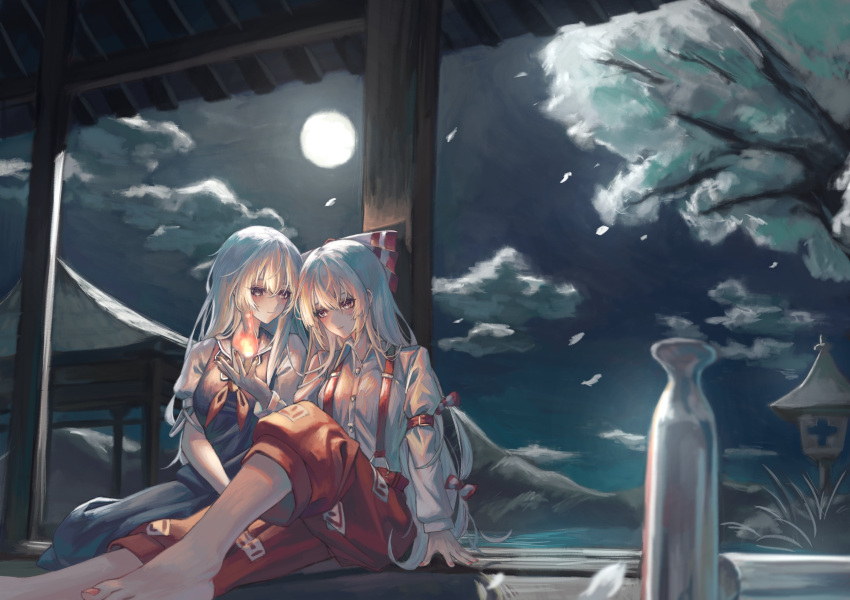 2girls absurdres arm_strap bangs barefoot blue_dress blush bottle bow closed_mouth clouds commentary_request dress fire flame foot_out_of_frame fujiwara_no_mokou full_moon hair_bow hand_on_ground highres hitosetugetu kamishirasawa_keine long_hair long_sleeves moon mountain multiple_girls nail_polish neckerchief night no_headwear pants pinafore_dress porch pyrokinesis red_bow red_nails red_neckerchief red_pants short_sleeves shoulder-to-shoulder sitting smile suspenders toenail_polish toenails touhou tree two-tone_bow white_bow