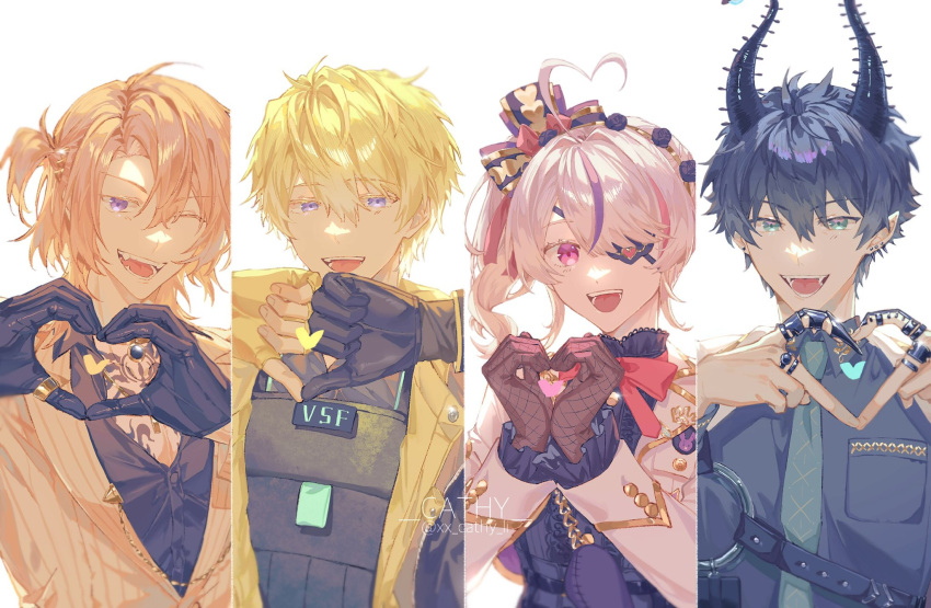 1girl 3boys ahoge armor artist_name asymmetrical_hair bangs black_gloves black_hair black_horns black_shirt blonde_hair blue_eyes blue_necktie bow breast_pocket brown_gloves bulletproof_vest cathy_(xx_cathy_li) chain chest_tattoo claw_ring collared_shirt column_lineup commentary dress_shirt ear_piercing eyepatch fangs fishnet_gloves fishnets frilled_sleeves frills gloves gold_chain gold_trim grey_shirt hair_between_eyes hair_bow hair_ornament hair_ribbon hairband hands_up heart heart_ahoge heart_hands highres horns jacket jewelry lapels light_brown_hair long_hair looking_at_viewer luca_kaneshiro maria_marionette multicolored_hair multiple_boys neck_ribbon necktie nijisanji nijisanji_en one_eye_closed one_eye_covered open_clothes open_jacket open_mouth parted_bangs piercing pink_eyes pink_hair pink_ribbon pinstripe_pattern pocket ponytail purple_hair ren_zotto ribbon ring round_teeth shirt short_hair short_sidetail side_ponytail sidelocks smile sonny_brisko spikes streaked_hair striped striped_jacket symbol-only_commentary tattoo teeth thumb_ring tongue upper_body violet_eyes virtual_youtuber watermark white_background white_jacket wing_collar
