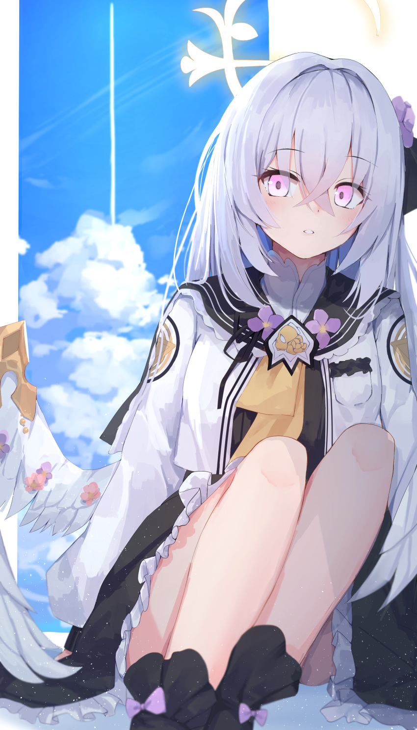 1girl absurdres ahoge azusa_(blue_archive) bangs bare_legs blue_archive closed_mouth clouds flower hair_flower hair_ornament halo highres long_hair looking_at_viewer nodoameyatou sitting sky very_long_hair violet_eyes wings