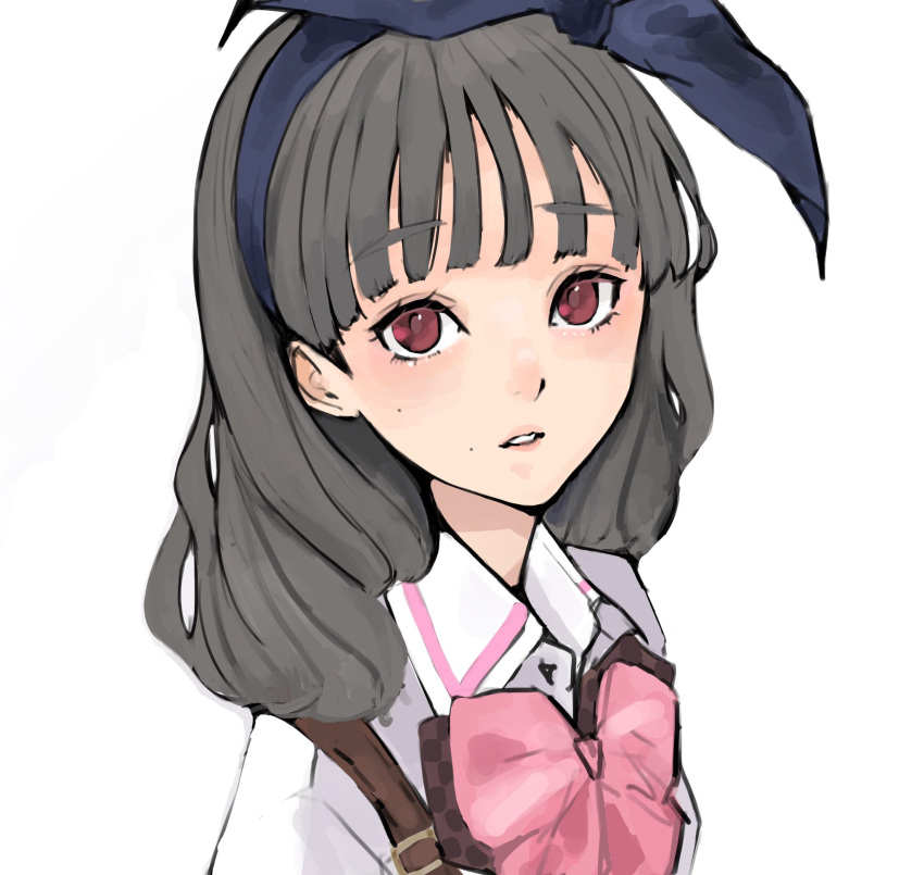 1girl assault_lily bangs black_hair blue_bow blue_hairband bow bow_hairband bowtie collared_shirt commentary hair_bow hairband highres kuroki_francisca_yuria looking_at_viewer ludvico_private_girls'_academy_school_uniform medium_hair mole mole_above_mouth mole_on_cheek parted_lips pink_bow pink_bowtie portrait red_eyes sally_(allogkk) school_uniform shirt simple_background solo suspenders white_background white_shirt