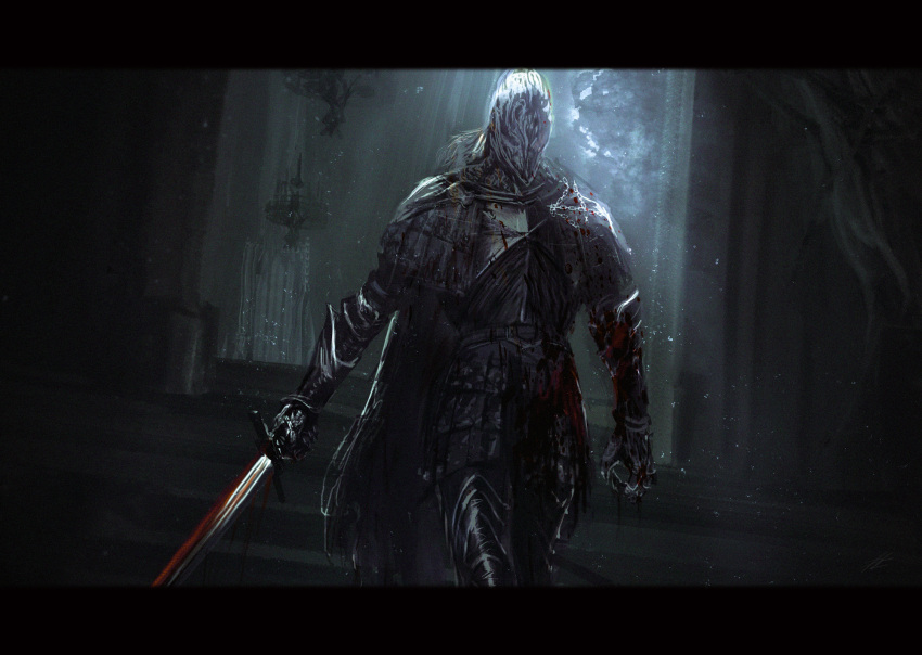 1boy armor black_armor blood blood_on_weapon bloodborne bloody_crow_of_cainhurst breastplate cape chain chandelier chikage_(bloodborne) chromatic_aberration cropped curtains film_grain gauntlets greaves grey_hair helmet highres holding holding_sword holding_weapon indoors light_particles light_rays male_focus mrpk silk solo spider_web stairs sword torn torn_cape torn_clothes vambraces walking weapon window