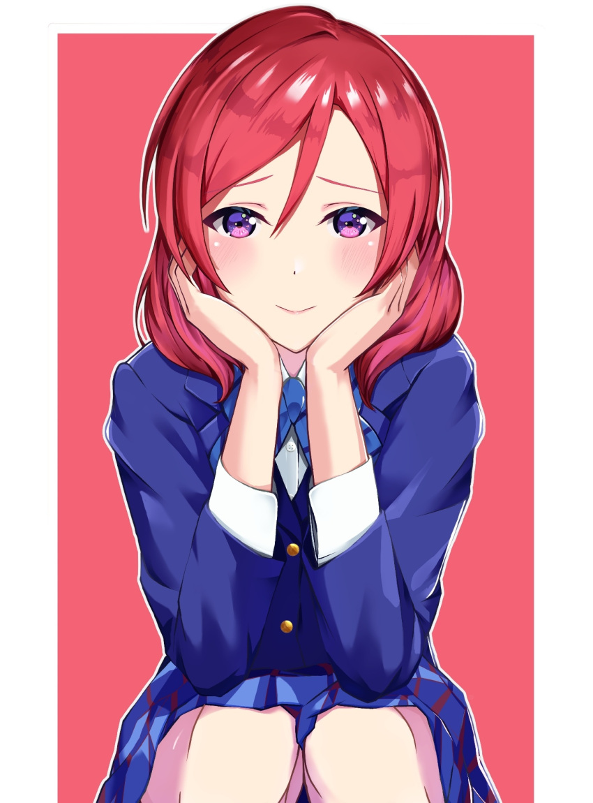 1girl :&gt; blue_jacket blue_skirt blush commentary hands_on_own_cheeks hands_on_own_face head_rest highres jacket looking_at_viewer love_live! love_live!_school_idol_project medium_hair miniskirt nishikino_maki otonokizaka_school_uniform outline red_background redhead school_uniform simple_background single_bang sitting skirt solo supra_is_black_(altea) triangle_mouth violet_eyes white_outline winter_uniform