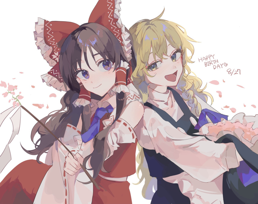 2girls :d apron ascot bangs bare_shoulders black_skirt black_vest blonde_hair blue_ascot blush bow braid brown_hair collared_vest commentary dated detached_sleeves flower frilled_apron frilled_bow frilled_hair_tubes frills gohei hair_bow hair_tubes hakurei_reimu happy_birthday hat hat_basket hat_removed headwear_removed highres holding holding_clothes holding_hat kirisame_marisa long_hair long_sleeves looking_at_another multiple_girls open_mouth pink_flower red_bow red_skirt red_vest ribbon-trimmed_sleeves ribbon_trim shirt shoulder-to-shoulder simple_background single_braid skirt smile touhou vest violet_eyes waist_apron white_background white_shirt white_sleeves yanfei_u yellow_eyes