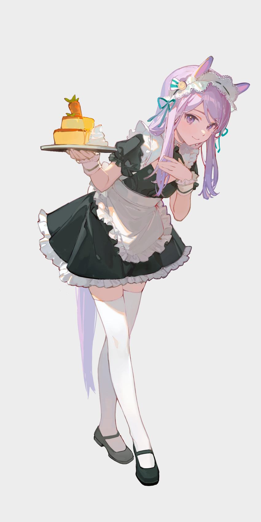 1girl absurdres alternate_costume animal_ears black_footwear blush cake ciloranko duplicate enmaided food full_body hair_ornament highres horse_ears horse_tail maid maid_headdress mary_janes mejiro_mcqueen_(umamusume) pixel-perfect_duplicate purple_hair shoes simple_background smile solo standing tail thigh-highs umamusume violet_eyes white_background white_thighhighs