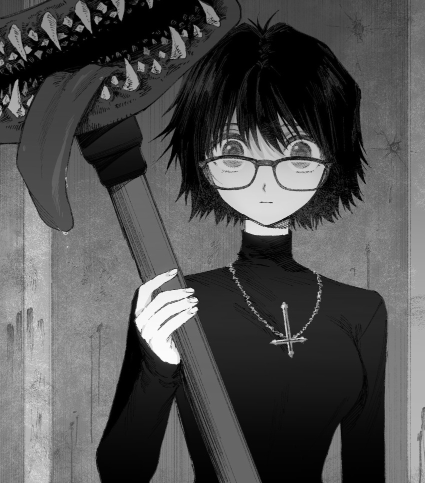 1girl blood blood_stain closed_mouth crack cracked_wall cross cross_necklace dripping fingernails glasses greyscale hair_between_eyes hand_print hatching highres holding hunter_x_hunter inverted_cross jewelry looking_at_viewer maki_keigo monochrome necklace open_mouth saliva saliva_drip sharp_teeth shizuku_(hunter_x_hunter) short_hair sleeves_past_wrists solo teeth tongue tongue_out turtleneck upper_body wide-eyed