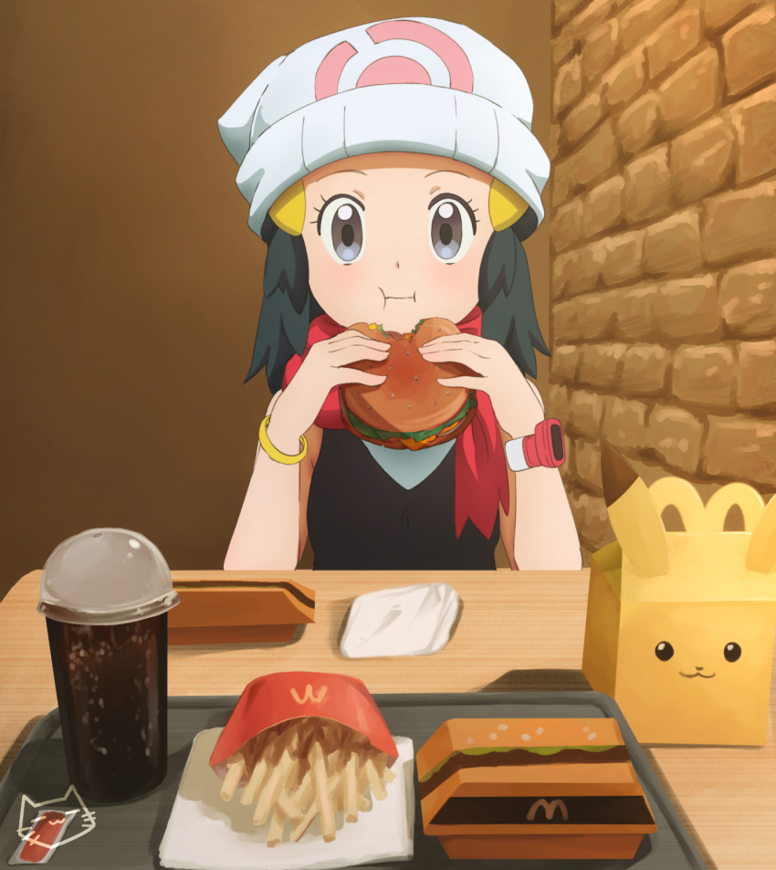 1girl :i beanie black_hair black_shirt bracelet burger closed_mouth commentary commission cup disposable_cup eating eyelashes fast_food food french_fries grey_eyes hair_ornament hairclip hands_up hat highres hikari_(pokemon) holding holding_food jewelry keihh long_hair looking_at_viewer mcdonald's poke_ball_print pokemon pokemon_(anime) pokemon_dppt_(anime) poketch pov pov_across_table scarf shirt sleeveless sleeveless_shirt solo watch watch white_headwear