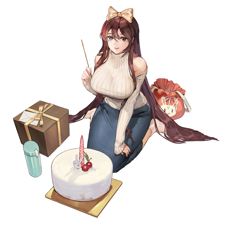 1girl animal_print bare_shoulders blue_eyes blue_skirt bow box breasts brown_hair bunny_print cake candle clothing_cutout cropped_sweater fireworks food full_body game_cg gift gift_box hair_between_eyes hair_bow hair_ribbon hand_on_own_thigh headband heterochromia highres holding_fireworks huge_breasts last_origin letter long_hair long_skirt long_sleeves looking_at_viewer official_alternate_costume official_art open_bag open_mouth pencil_skirt red_eyes ribbed_sweater ribbon rorobomb seiza shoulder_cutout sitting skirt smile socks solo sparkler sweater tachi-e thermos transparent_background turtleneck turtleneck_sweater valkyrie_(last_origin) very_long_hair white_socks yellow_ribbon