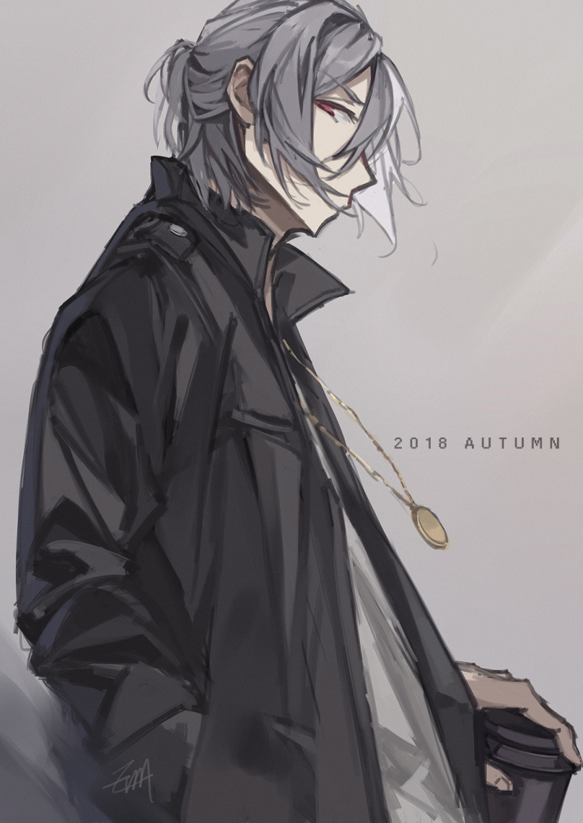 1boy 2018 alternate_costume antonio_salieri_(fate) antonio_salieri_(second_ascension)_(fate) contemporary cup disposable_cup erm_(doubledream) fate/grand_order fate_(series) from_side grey_background grey_hair half_updo hand_in_pocket highres holding holding_cup jacket jewelry looking_at_viewer male_focus pendant red_eyes shirt short_hair signature simple_background solo white_shirt