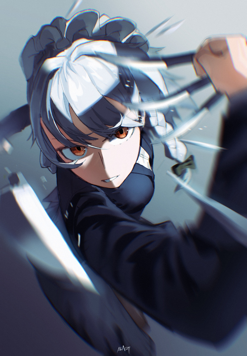1girl absurdres black_bow black_suit blast-7 blurry bow brown_eyes brown_footwear chromatic_aberration film_grain formal grey_hair hair_between_eyes hair_bow highres holding holding_knife holding_weapon izayoi_sakuya knife long_hair maid_headdress motion_blur parted_lips signature solo speed_lines suit throwing throwing_knife touhou weapon