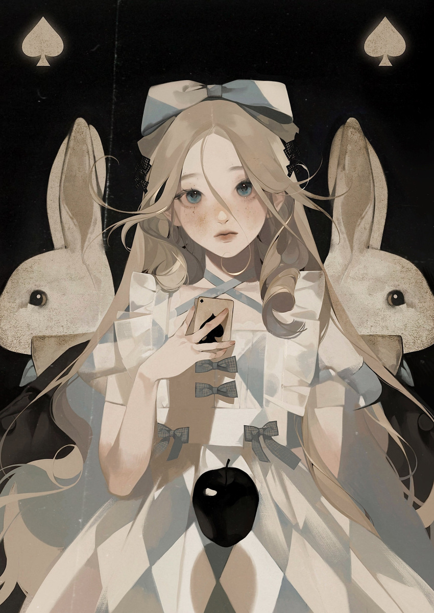 1girl absurdres ace_of_spades alice_(alice_in_wonderland) alice_in_wonderland black_background blonde_hair blue_bow blue_dress blue_eyes bow card closed_mouth dress expressionless forehead hair_bow highres holding holding_card iotaectoplasm long_hair looking_at_viewer mole mole_under_eye playing_card puffy_short_sleeves puffy_sleeves rabbit short_sleeves solo spade_(shape) standing two-tone_bow two-tone_dress upper_body white_bow white_dress
