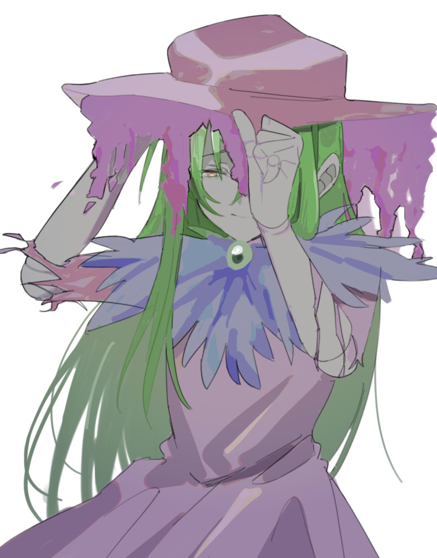 1boy alriune brooch crossdressing doll_joints dress e.g.o_(project_moon) feather_trim flower green_hair hair_between_eyes hand_on_headwear hat highres jewelry joints lobotomy_corporation long_hair looking_at_viewer male_focus mu46016419 netzach_(project_moon) one_eye_covered pink_dress pink_flower pink_headwear project_moon simple_background smile solo torn_clothes torn_sleeves upper_body white_background yellow_eyes