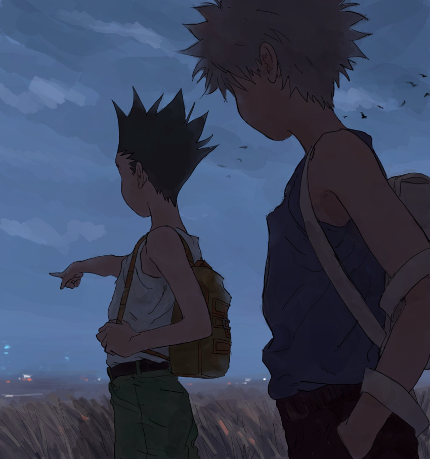 2boys backpack bag bird_wings blue_shirt child clouds cloudy_sky evening faceless faceless_male from_behind gon_freecss green_hair green_shorts hand_in_pocket highres hunter_x_hunter killua_zoldyck male_child male_focus multiple_boys outstretched_arm pointing shirt shorts sky spiky_hair tank_top toripippi_7 white_tank_top wings