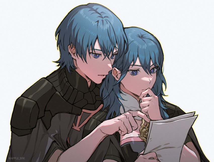 1boy 1girl apple_brk armor bangs black_cape blue_eyes blue_hair byleth_(fire_emblem) byleth_eisner_(female) byleth_eisner_(male) cape closed_mouth detached_collar fire_emblem fire_emblem:_three_houses hair_between_eyes hand_up holding holding_paper long_hair paper short_hair simple_background white_background