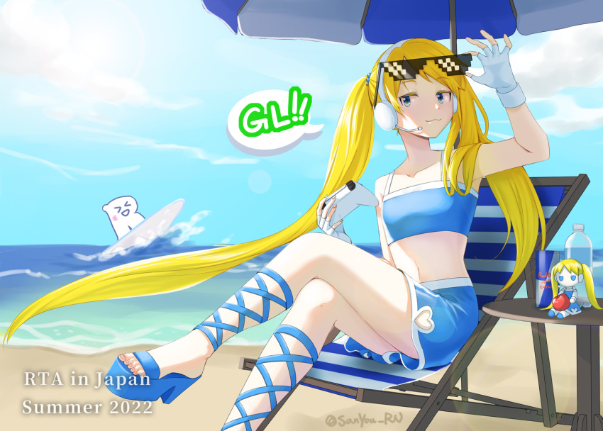 1girl beach blonde_hair blue_eyes clothing_cutout controller headphones headset heart_cutout holding holding_controller rta-chan rta_in_japan sanyou smile swimsuit twintails