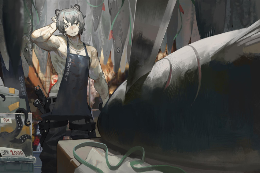 1boy ahoge animal_ears apron arknights bags_under_eyes bear_boy bear_ears cowboy_shot fish grey_hair highres jaye_(arknights) jewelry knife male_focus naked_apron necklace octopus qingpu_liang ring_necklace scar scar_on_arm scratching_head short_hair solo topless_male tuna